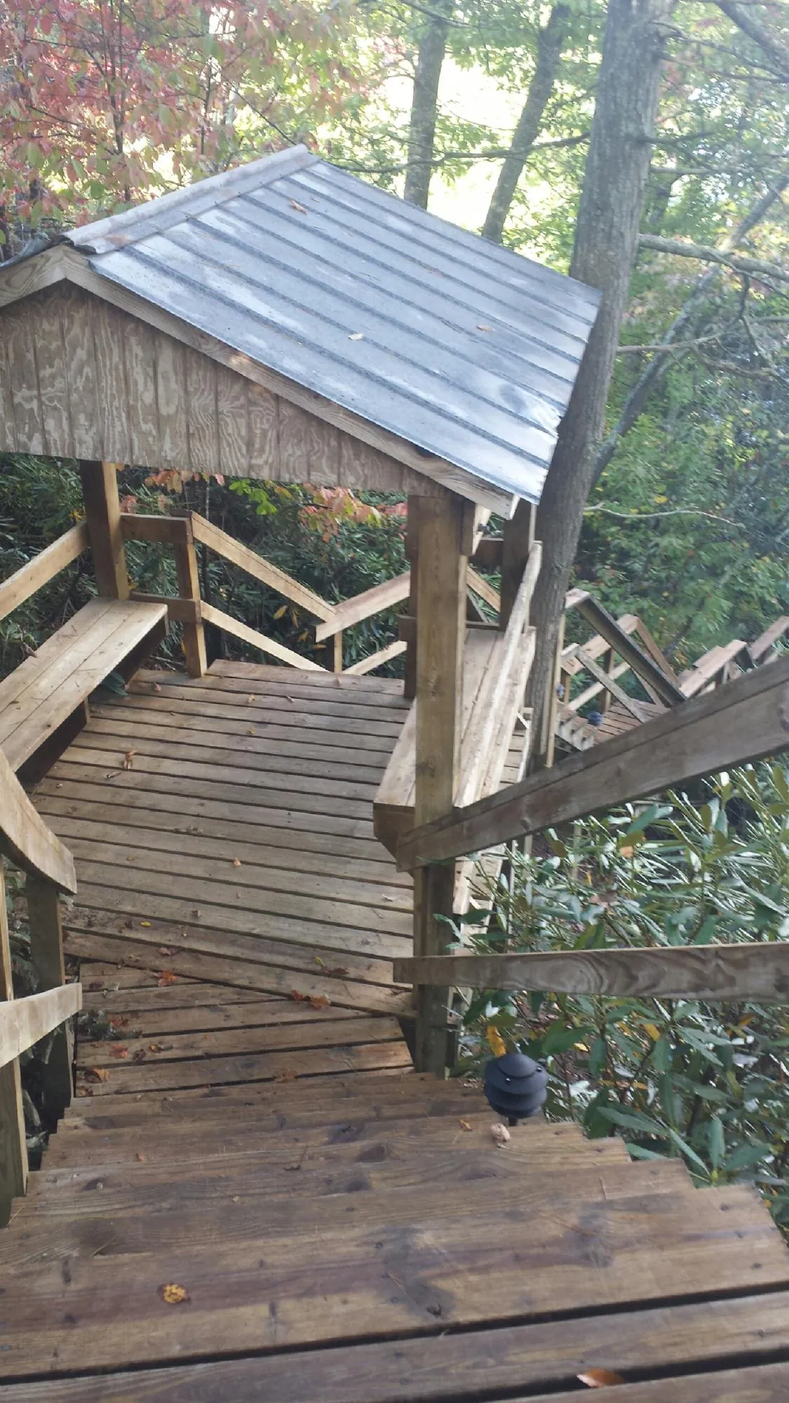 Metal roofed shelter over wooden steps on a wooded walkway — Skylight Repair & Installation work by our crew in Galvin